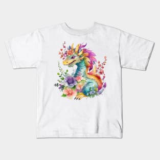 Cute Spring Flower Dragon Watercolor Kids T-Shirt